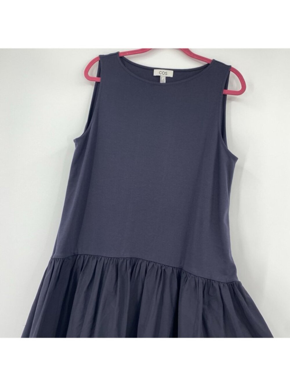 COS Size L Navy Blue Midi Dress Sleeveless Contrast Gathered Tiered Minimalist - Picture 9 of 16